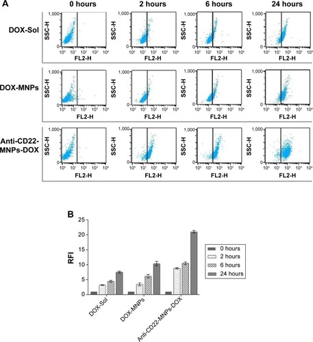 Figure 6 Intracellular accumulation of doxorubicin in Raji cells cultured with the different study formulations for various periods of time. The FI of intracellular doxorubicin (A) was determined by flow cytometry at 488 nm owing to the autofluorescence feature of doxorubicin, and the relative FI is shown in (B).
