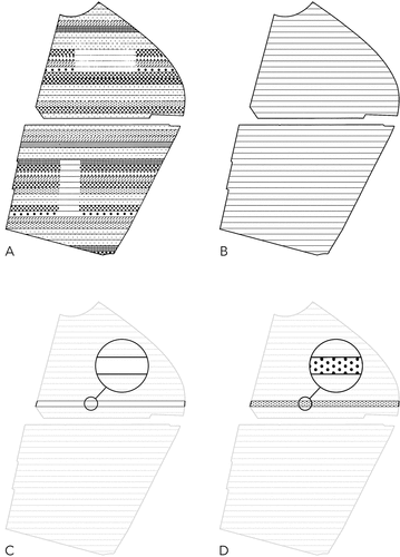 Figure 4. Solid and void analysis of the Parc de la Villette: (A) original plan of the park; (B) voids: bands without programmatic elements (solids); (C) single void: isolated band; (D) solids and void: programmatic elements (solids) on a band (void). Source: Koolhaas Citation1998b, 923 (A); graphic by author on the basis of A (B – D).