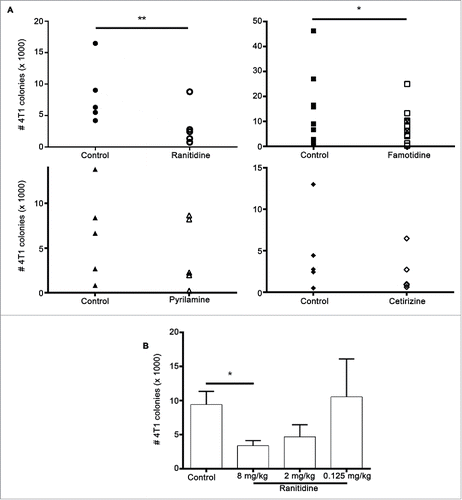 Figure 3. Histamine receptor antagonists inhibit 4T1 metastasis. (A) Average number of 4T1 colonies derived from lungs of tumor-bearing BALB/c mice treated with ranitidine (8 mg/kg), famotidine (□ 8mg/kg and ⊠ 2mg/kg), pyrilamine (10 mg/kg), and cetirizine (10 mg/kg). (B) Number of 4T1 colonies derived from lungs of tumor-bearing mice treated with decreasing doses of ranitidine. Data points in (A) represent mean of 3–4 mice per group per experiment; data in (B) represent mean ± SEM of 3–42 mice. p < 0.05, p < 0.01, paired t-test (A), ANOVA followed by a Dunnett's test (B).