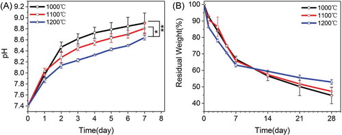 Figure 5. (A) pH values and (B) in vitro degradation of β-Ca2SiO4 scaffolds sintered at different temperatures in SBF (n = 3; * and ** indicate significant differences, p < 0.05 and p < 0.01).