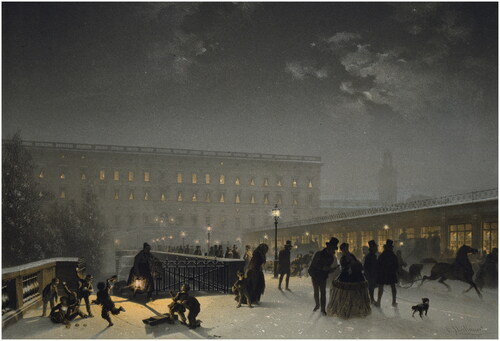 Figure 1. Norrbro during the evening, 1860–1865. Lithograph by Carl Johan Billmark. Stockholm City Museum, SSM 10535. People of style use the gas-lit pavements, seemingly undisturbed by the children playing nearby. An older woman, lighting her way with a lantern, comes up the stair from Strömparterren. Due to the snow-covered surface, the roadway is occupied by horse- or human-drawn sledges. In the background is the Royal castle and on the opposite side, Norrbro’s popular bazaar, where monied people could dress up according to the latest fashion.