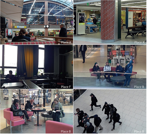 Figure 4. Observation photographs from commercial gathering places. Seating arrangements offer socio-functional possibilities for resting, meeting acquaintances, watching other people, playing, and working. Socio-spatial factors such as type and arrangement of seating, as well ass socio-temporal factors such as daily rhythms affect these potentials.Footnote3