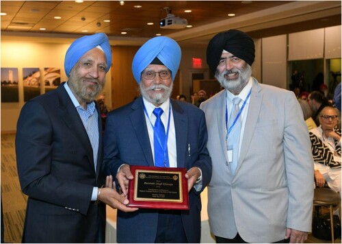 Figure 5. Parvinder Singh Khanuja was honored for his continuous support of graduate students in Sikh Studies by Harkeerat Singh Dhillon and Pashaura Singh.