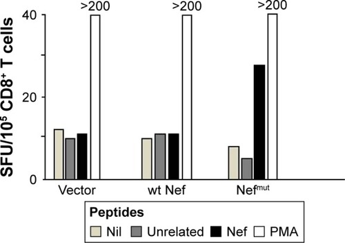 Figure 4 Injection in mice of wt Nef-expressing DNA vector fails to elicit Nef-specific CD8+ T-cell immune response.Notes: C57 Bl/6 mice (four per group) were inoculated intramuscularly two times with DNA vectors expressing wt Nef, Nefmut, or empty vector, and sacrificed 10 days after the last immunization. Splenocytes were then cultured overnight in triplicate in IFN-γ Elispot microwells in the absence or presence of either unrelated or Nef-specific nonamers. As control, cells were incubated with 5 ng/mL of PMA and 500 ng/mL of ionomycin. Shown are the mean of SFU/105 cells from a representative of two independent experiments.Abbreviations: PMA, phorbol 12-myristate 13-acetate; SFU, spot-forming unit; wt, wild type.