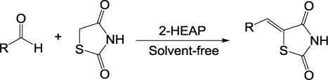 Scheme 1. 2-Hydroxy ethylammonium propionate catalyzed synthesis of 5-arylidene-2,4-thiazolidinediones.