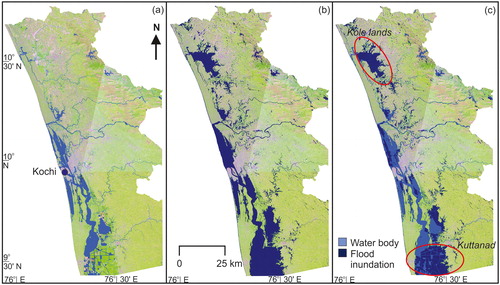 Figure 3. (a) Sentinel 2 image showing the water bodies of the study area before the flood event (b) Flood inundation map prepared from the water pixels of Sentinel 1 image of 21 August 2018 (c) Changes between the pre-event and the flood inundation map of the study area.