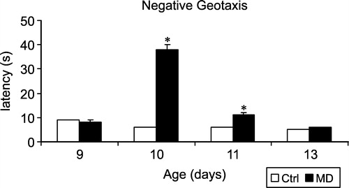 Figure 2 Reversal latency in the negative geotaxis experiment in MD and Ctrl rats. pnd9: Ctrl N = 92, MD N = 63; pnd10: Ctrl N = 92, MD N = 63; pnd11: Ctrl N = 54, MD N = 54; pnd13: Ctrl N = 48, MD N = 47. Values are mean ± SEM. * represents a significant difference between MD and Ctrl groups.