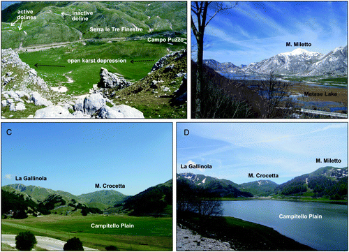 Figure 3. View of the open karst depression located west to the Campo Puzzo polje (the dashed black arrows indicate the direction of surface drainage); in the background, the dolines present on the surfaces of fluviokarst origin of Serra le Tre Finestre (A); panoramic view of the Matese Lake polje (B) and of the Campitello Plain polje in June 2012 (C) and May 2009 (D).