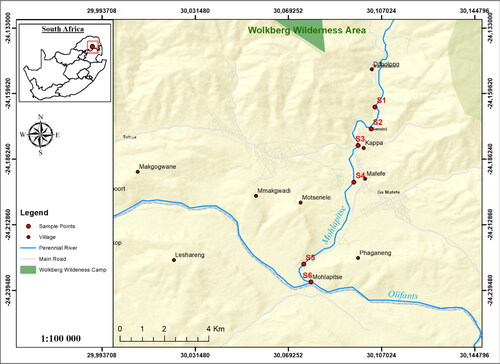 Figure 1. Map of the study area, showing the locations of the six sampling sites of the Mohlapitsi River.