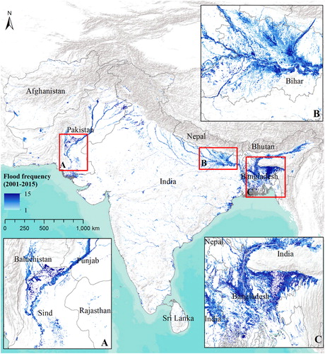 Figure 4. Flood recurrent map of South Asia (2000 to 2015) and major flood hotspots in Pakistan (A); Bihar, India (B) and Bangladesh (C).