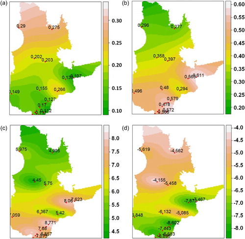 Fig. 6 Interpolated maps of the regional HS(T) and LR(T) coefficients for the study area.