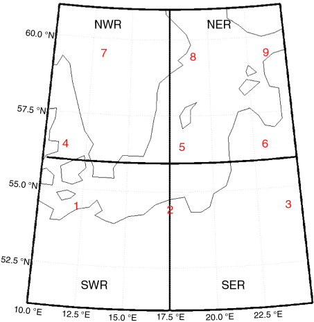 Fig. 1 Area of study showing nine points which are used to illustrate the geographical subdivisions. The black lines demonstrate the area subdivisions (SWR, SER, NWR, NER) used in Section 4.2.
