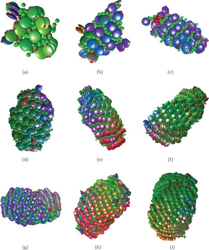 Figure 7. Configuration snapshots of the multi-layer twisted bundle formed by a double hot-spot disc–sphere mixture system with at temperature T=3.00. All snapshots are viewed along the director calculated for the disc particles. (a) 1.7 M, (b) 2 M, (c) 2.5 M, (d) 3.5 M, (e) 4 M, (f) 4.6 M, (g) 5.5 M, (h) 6.5 M, (i) 8 M.