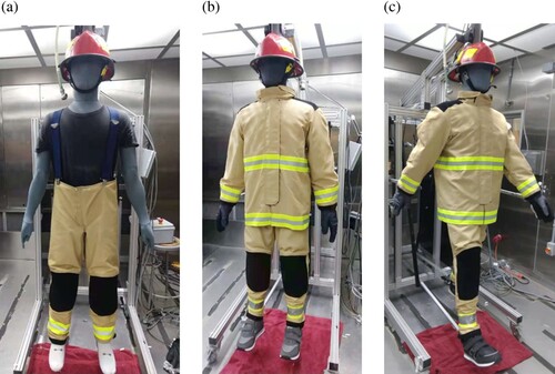 Figure 1. Physiological manikin photograph: (a) manikin dressed in t-shirt undergarment and turnout pant; (b) manikin fully dressed and in static test simulating resting phase; (c) manikin walking.