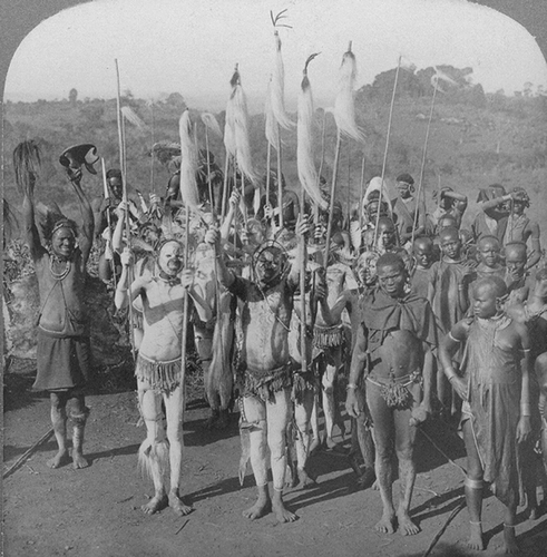 Figure 6.  ‘Warriors and Women of a village near Mt. Kenia in festival dress, East Africa’ [#10543/1909/U-116233].