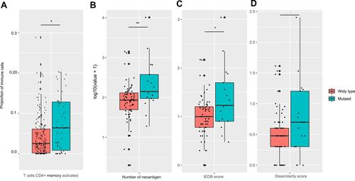 Figure 4 CSMD1 mutation was associated with neoantigens. Compared with non-CSMD1 mutation patients, the CSMD1 mutation group has more activated CD4+ T cells (A), more neoantigens (B and C) and dissimilarity (D). (*p < 0.05, **p < 0.01).