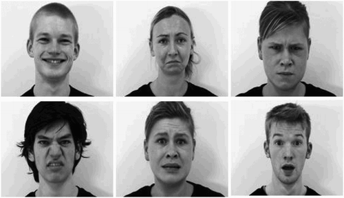 Figure 1. Real human face stimuli displaying prototypical emotions (from top left to right) happiness, sadness, anger, disgust, fear and surprise. Source: Van der Schalk, Hawk, Fischer, Doosje.