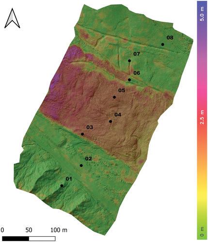 Figure 6. Deformation map from DIC, computed with NHAZCA IRIS software, and position of the reference points in Table 4.