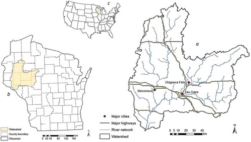 Figure 1. Map of the study area: Lower Chippewa River watershed (a), Wisconsin (b), USA (c).