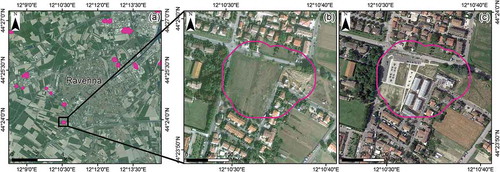 Figure 14. (a) Ground-motion areas detected for the TerraSAR-X results. In (b) and (c), the comparison between the Google™ earth DigitalGlobe images 17 October 2009 and 7 June 2014 showing new urban development in A5.