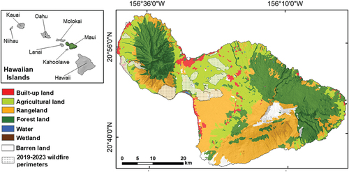 Figure 1. Land use in the study area and wildfire perimeters representing the burned area on Maui Island due to the recorded 2019–2023 events.