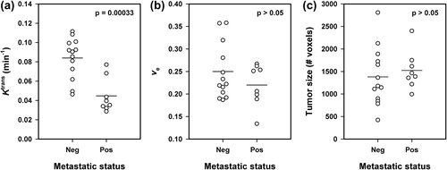 Figure 4. Median Ktrans (a), median ve (b), and size (c) of non-metastatic (Neg) and metastatic (Pos) ck-160 tumors. Points represent single tumors. Horizontal bars indicate mean values.