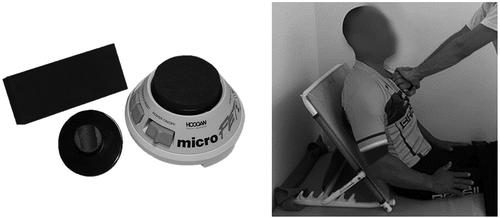 Figure 1. Handheld dynamometer device (MicroFET2 ProCare) (left), and position of the athlete during trunk flexion test (right)