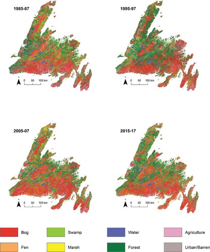 Figure 6. Wetland and non-wetland land cover classification using Landsat imagery from 1985–87 (top left), 1995–97 (top right), 2005–07 (bottom left) and 2015–17 (bottom right)