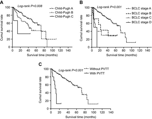 Figure 2 The Kaplan–Meier survival curves for patients with HBV-related small hepatocellular carcinomas: (A) significantly higher cumulative survival rate of patients with Child-Pugh A (dashed line) compared to those with Child-Pugh B (dotted line) or C (solid line). (B) Significantly higher cumulative survival rate of patients with BCLC stage A (dashed line) compared to those with BCLC stage B (bold-dotted line), C (dotted line) or D (solid line). (C) Significantly higher cumulative survival rate of patients without PVTT (dashed line) compared to those with PVTT (solid line).Abbreviations: HBV, hepatitis B virus; BCLC, Barcelona Clinic Liver Cancer; PVTT, portal vein tumor thrombus.