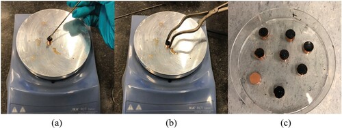 Figure 2. ESEM sample preparation process (a) heat and casting (b) flattening and transferring (c) storing.