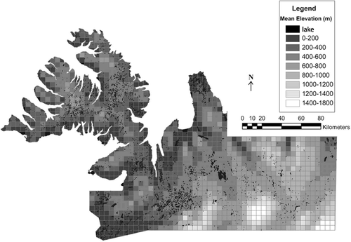 Figure 2 The distribution of lakes entered into the GIS and the average elevation for each 25 km2 grid cell. Gray scale corresponds to elevation classes and black polygons are lakes.