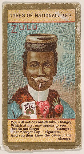 Kinney Brothers Tobacco Company, Zulu, from Types of Nationalities, 1890, commercial colour lithograph, 17 × 3.7 cm, Jefferson R Burdick Collection, image © The Met Open Access Collection