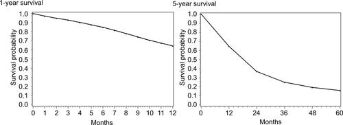 Figure S3 Kaplan-Meier plots (life-table [acturial] method) for (crude) 1- and 5-year survival among all resected PaC patients.