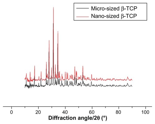 Figure 1 X-ray diffraction patterns of micro-sized β-TCP particles and as prepared nano-sized β-TCP particles.Abbreviation: β-TCP, β-tricalcium phosphate.