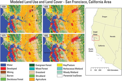 Figure 4. Modeled LULC from 1938 to 1992 for the San Francisco, California area. Major LULC changes noted include 1) areas of urbanization, 2) areas of agricultural loss, and 3) reservoir construction.