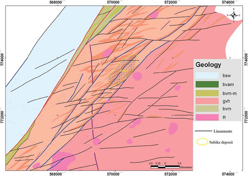 Figure 2. Geology map of the study area (modified from Cook, Citation2007): bsw-sedimentary basin domain wackes; gvh- volcanic belt domain granitoids; R-belt granitoid and bvm- Birimian metavolcanic basalts.