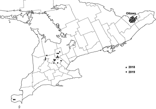 Fig. 1 Location of origin of 42 isolates of Blumeria graminis f. sp. tritici collected in Ontario, Canada, in 2018 and 2019