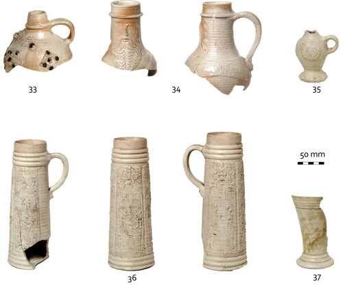 FIG. 11 Siegburg stoneware from the land reclamation dump of Vlooienburg (1595-1597/1601), 33. jug (WLO-155-273), 34. Bartmann jug (WLO-155-274), 35. funnel beaker (WLO-155-444), 36. tankard (WLO-155-270), 37. beaker (WLO-155-442) (photographs, Wiard Krook, Monuments and Archaeology, City of Amsterdam). 