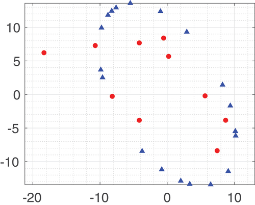 Figure 3. Distribution of points in the source frame (m): red points are the unconstrained points and blue triangles are the points on the ellipse.