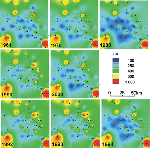 Fig. 2 Spatial variation of mean annual groundwater levels in selected time sequences in the period 1961–2000.