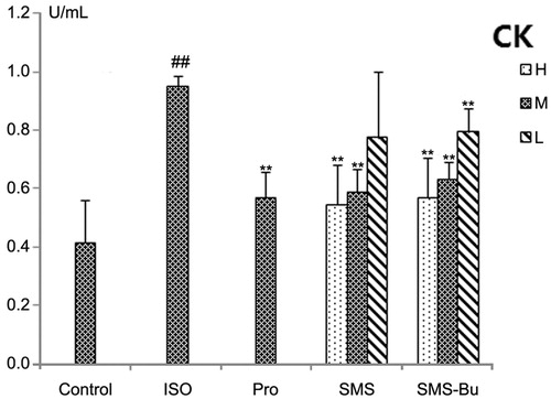 Figure 4. Effects of SMS and SMS-Bu on serum CK activities in ISO-induced myocardial injury mice. Data were expressed as mean ± SD, n = 8 in each group. **p < 0.01 versus ISO group ##p < 0.01 versus control group. Abbreviations: SMS, Sheng-Mai-San group; SMS-Bu, n-butanol extraction of SMS group; CK, creatine kinase; ISO, isoproterenol group; PRO, propranolol group; L, low dose; M, medium dose; H, high dose.