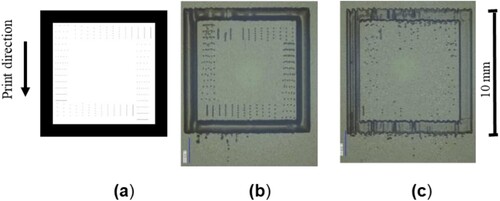 Figure 15. Comparison of samples printed at different printing speeds; (a) TIFF-Image, size 10 mm × 10 mm, (b) sample printed at printing speed 100 mm/s, (c) sample printed at printing speed 300 mm/s.