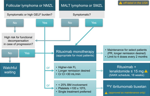 Figure 1 Chemotherapy-free options for first-line systemic therapy of FL or MZL (note that some options are off-label in the USA).