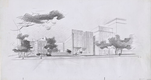 Figure 11. Mitchell/Giurgola Architects, AIA Headquarters, Washington, DC. Perspective sketch from New York Avenue showing Scheme III (1968), donated by Giurgola to the Avery Library in 1980. Source: Romaldo Giurgola drawings, 1965–77, Avery Architectural & Fine Arts Library, Columbia University.