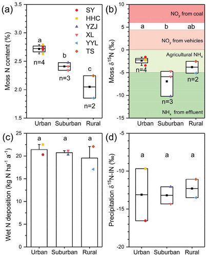 Figure 2. (a) Moss N content, (b) moss δ15N, (c) wet TN deposition rate, and (d) precipitation δ15N-IN across the three land-use types, i.e. urban, suburban, and rural: different small letters above the bar stand for a significant difference at the 0.05 level across the three land-use types (the δ15N of different sources is cited from Xiao et al. (Citation2010b) and Freyer (Citation1978)). The primary values of δ15N-NH3 from fertilizer vary widely, for example, ranged from −51‰ to −35‰ (Elliott et al. Citation2019), ranged from −5.9‰ to +6.6‰ with mean −0.2‰ ± 2.1‰ (n = 29) (Bateman and Kelly Citation2007). What’s more, the δ15N of fertilizer use ranges from −5‰ to 0 (Freyer Citation1978), which has been used in the previous studies on mosses monitoring rates and sources of atmospheric N deposition (e.g. Liu et al. Citation2012; Qu et al. Citation2016; Xiao et al. Citation2010b). So, we selected the later.