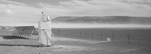 Figure 1. A solar-powered TEOM monitors hourly PM10 concentrations at Mono Lake, CA.