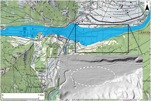 Figure 8. The flood extent in the Sembrancher sector. The shaded DEM shows well the morphology of the fluvial deposits East of the village (dotted line). Reproduced by permission of swisstopo (BA19054).