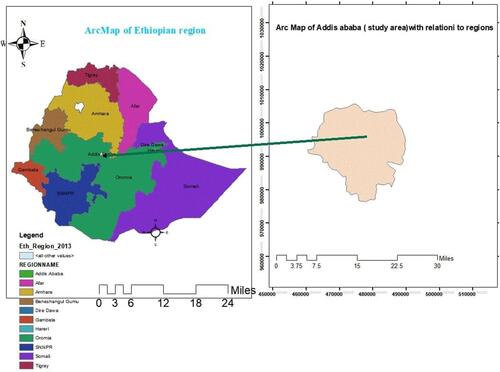 Figure 1 ArcMap of the study area with respect to regions of Ethiopia.