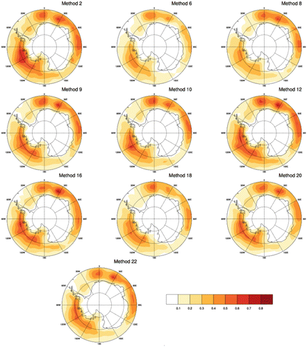 Fig. 6. As Fig. 3 but for strong cyclones for winter (JJA) [cyclones per 103(lat)2 area per analysis].
