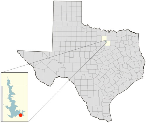 Figure 2. Location of Eagle Mountain Lake in Texas. The red dot designates the location of the profiler. Source: https://waterdatafortexas.org/reservoirs/individual/eagle-mountain/location.png.